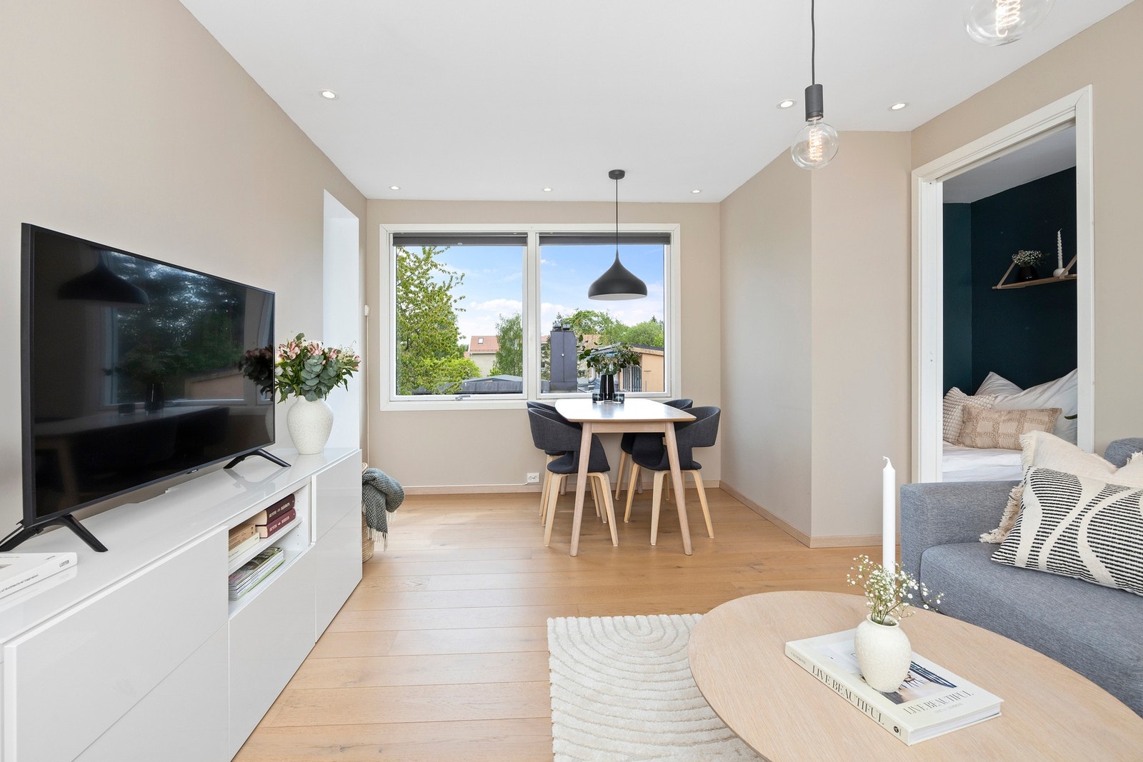 Stuen gir god plass til både sofagruppe og TV. Galleribilde
