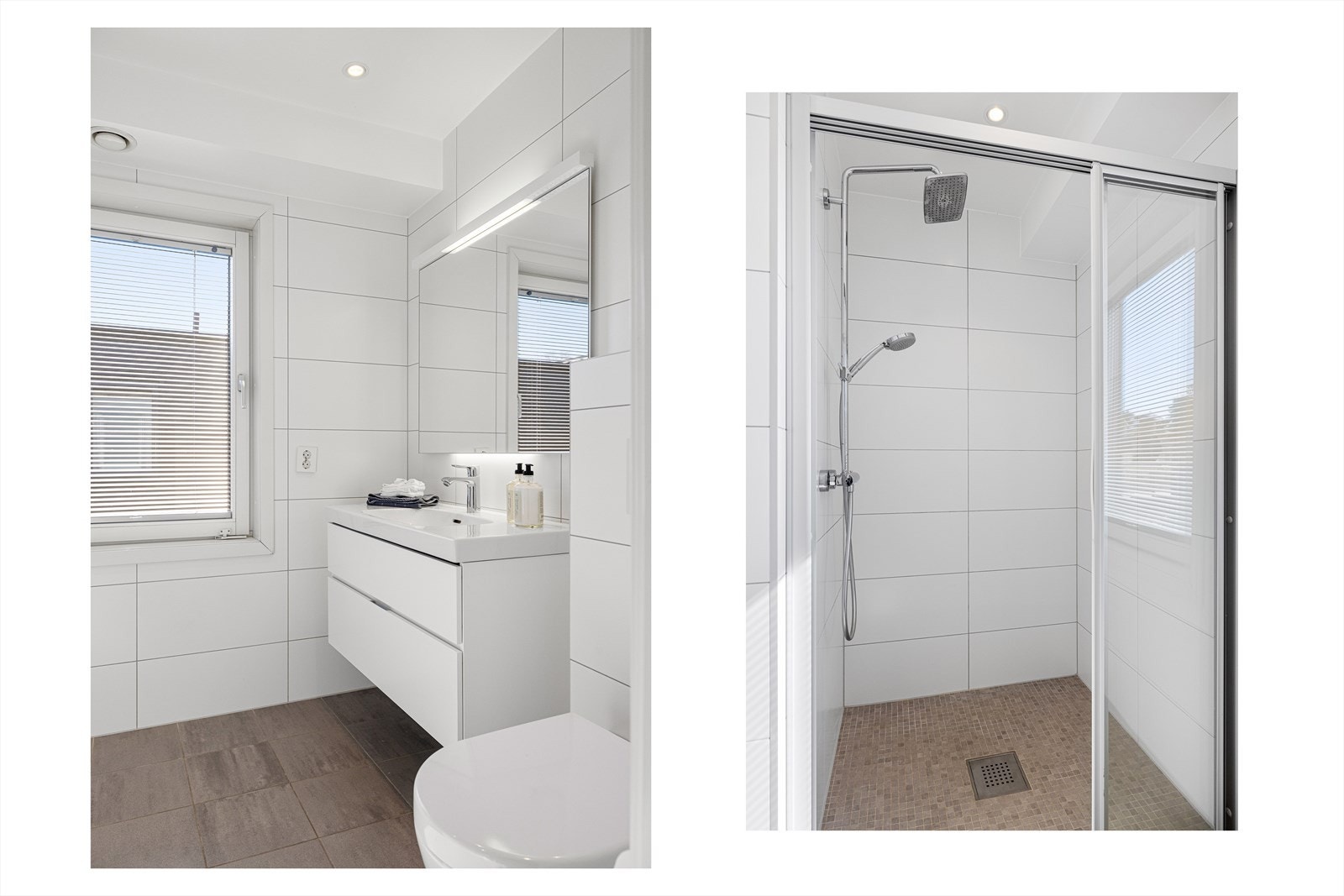 Badet har vindu, balansert ventilasjon, downlights i himling og varmekabler i gulv Galleribilde