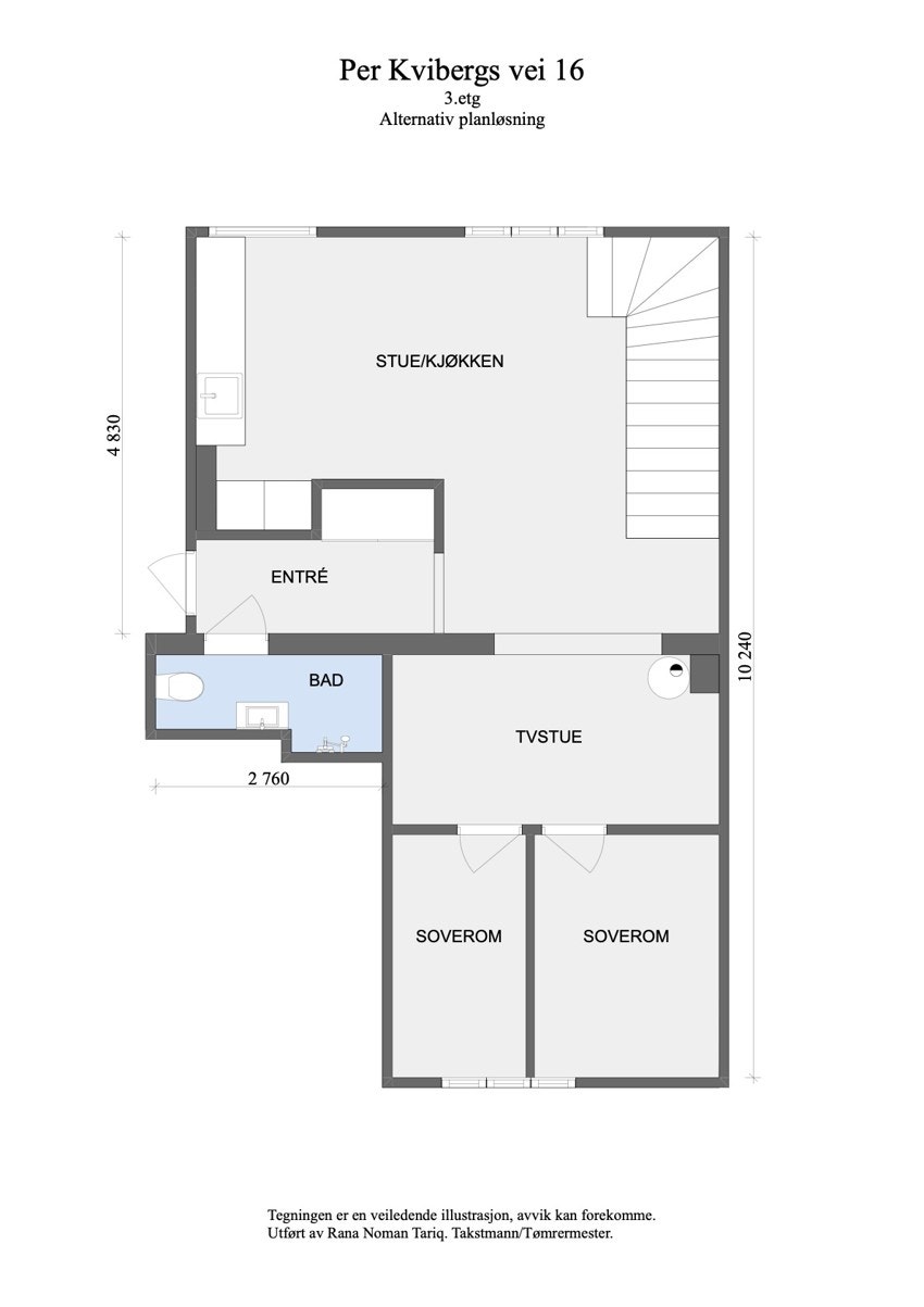 En annen alternativ planløsning av leiligheten, også med 3 soverom. Galleribilde