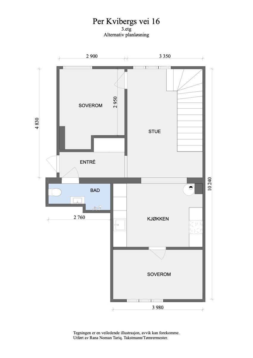 Alternativ planløsning av leiligheten dersom man ønsker et tredje soverom. Galleribilde