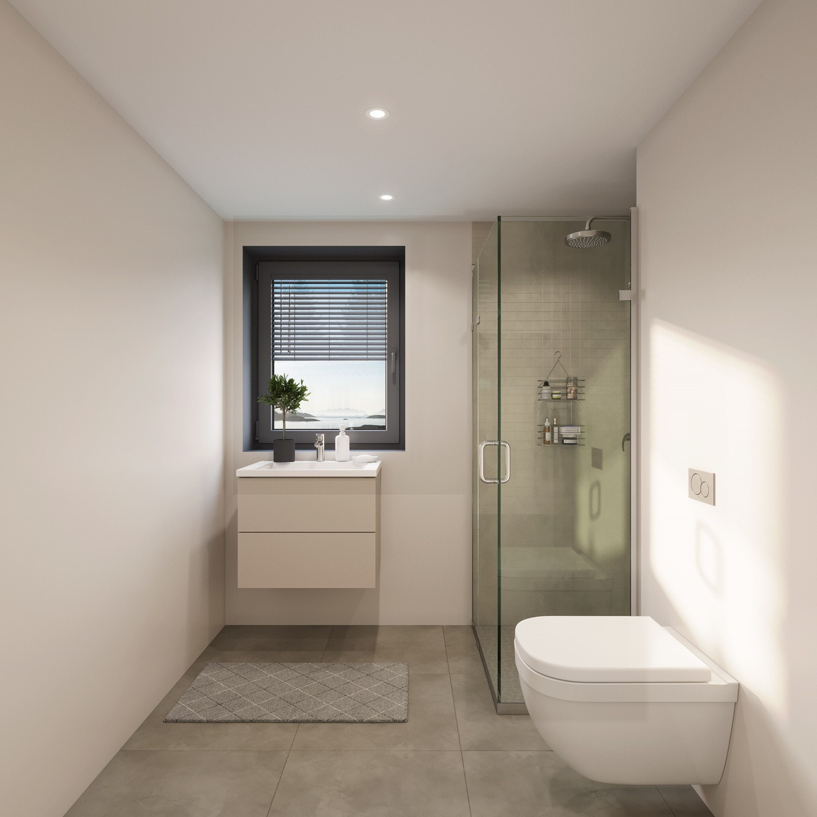 Flislagte gulv i baderom, Mirage Clay fancy nat 60x60 og og fliser i dusj i Mirage Clay decoro mosaico 4,7x4,7,vegg og gulv i dusj (fagflis). Vegger av gips malt i fargen. Galleribilde