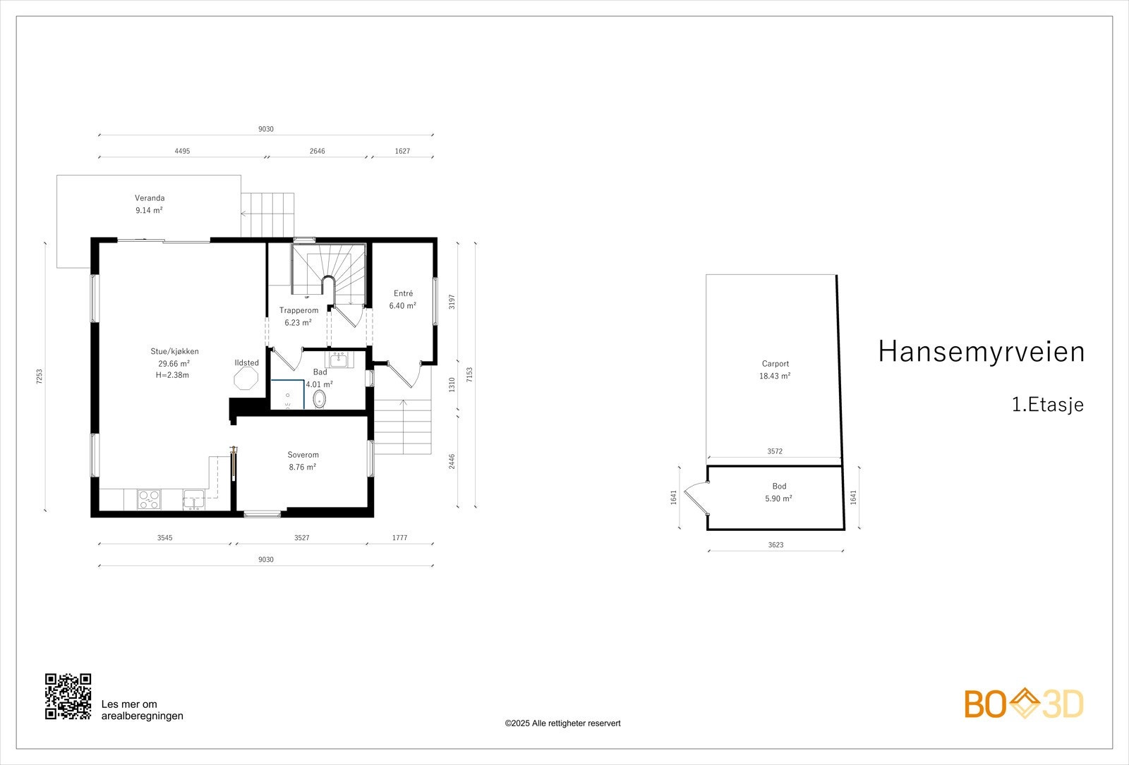 1.etasje (P-rom/BRA 58 kvm): Entré, gang, kjøkken/ stue, soverom og bad. Galleribilde