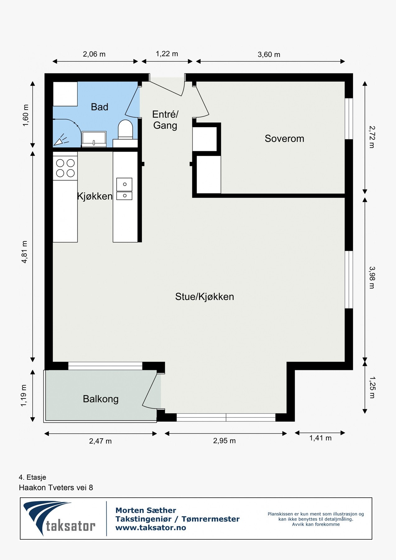 Plantegning. Leiligheten disponerer en kjellerbod i fellesareal på ca. 3 kvm. Galleribilde