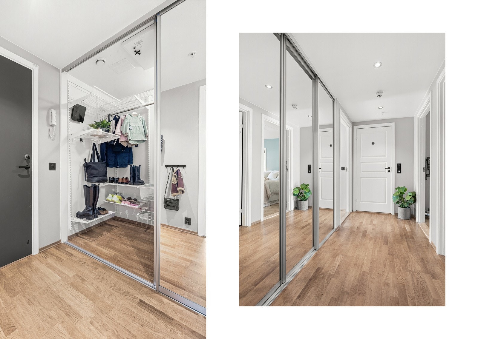 Her er det god plass til å henge fra seg yttertøyet i den innvendige boden som er bygget om til et stort garderoberom, før du går videre inn i boligen. Galleribilde