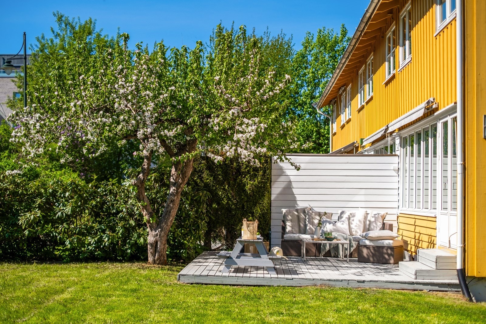 Store rhododendronbusker rammer inn hagen med både fargeprakt og naturlig skjerming mot naboene. Galleribilde