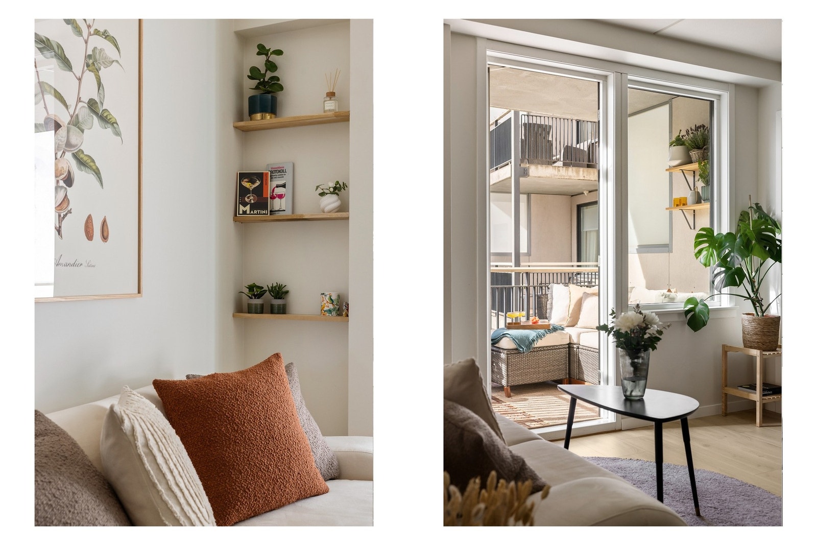 I stuen er det etablert en stilig nisje med innebygde hyller for interiør. Galleribilde