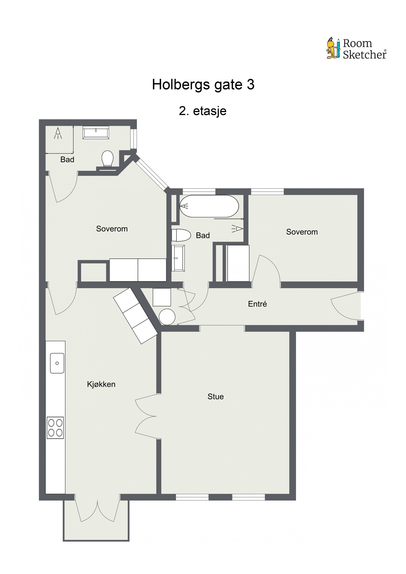 Plantegning. Leiligheten er gjennomgående med etterspurt planløsning. 2 stuer på rad og 2 soverom mot bakgård. Galleribilde