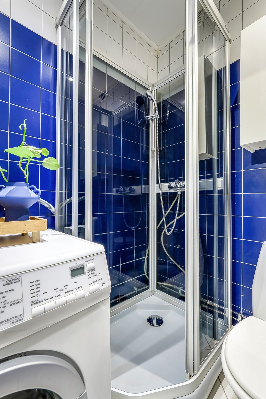 Badet er innredet med toalett, dusjkabinett, overskap, speil og servant. Galleribilde