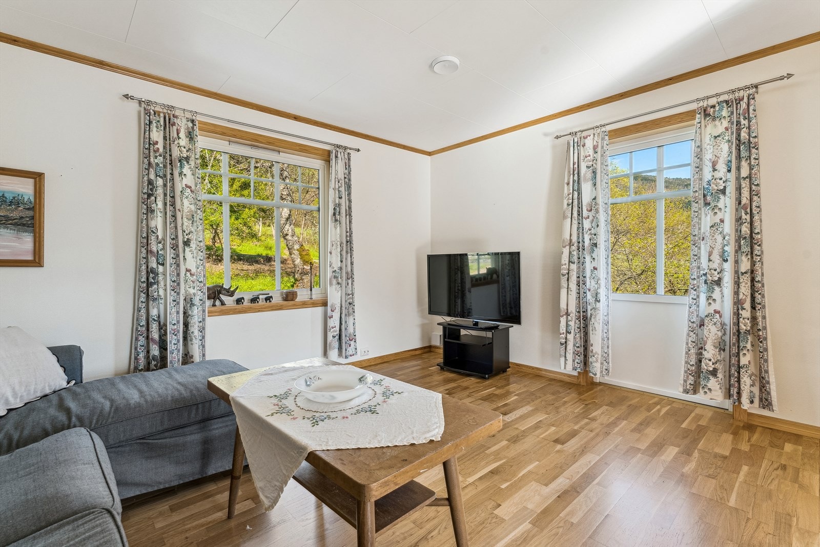 Frå TV-stova er det også terrassedør som kan føre ut til hageområde, her er det ikkje tillaga terrasse utanfor. Galleribilde