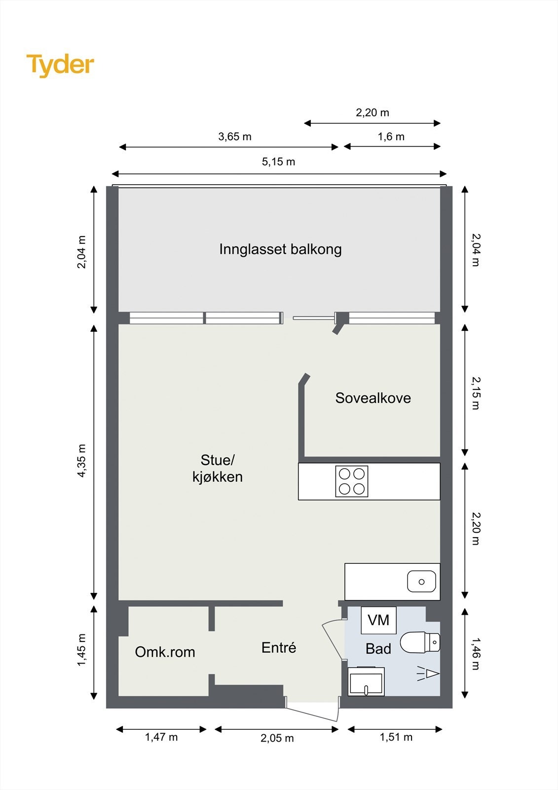 Oppmålt plantegning for leiligheten. Galleribilde