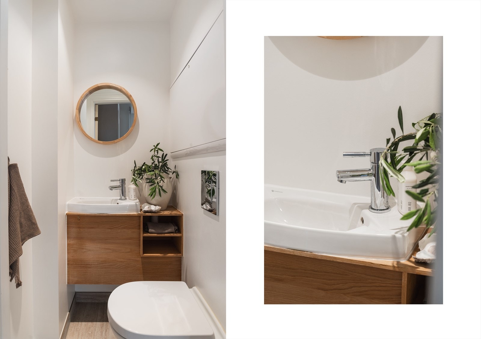 Separat toalettrom (oppusset i 2017) med flislagt gulv med varmekabler, vegg montert WC og plassbygget innredning med nedfelt servant. Galleribilde