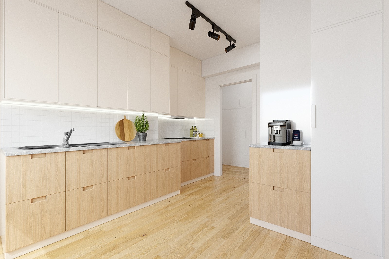 Kjøkken med digital oppussing og styling for å vise muligheter for en moderne kjøkkeninnredning. Galleribilde