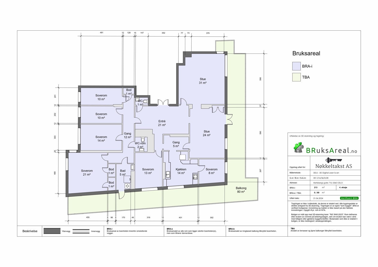 Målsatt planskisse: Boligen ligger i 4.etasje og består av romslig hall, 2 store stuer hvorav en har peis og en har utgang til terrasse, kjøkken, anretning og pikerom (soverom), 5 store soverom, bad med utgang til terrasse, 2 sep. wc-rom og flere kott. Galleribilde