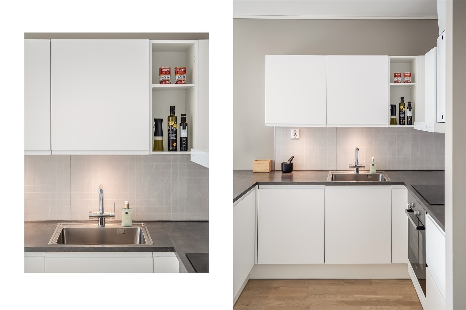 Det er helintegrerte hvitevarer som stekeovn, induksjonstopp, kjøle- og fryseskap. Galleribilde