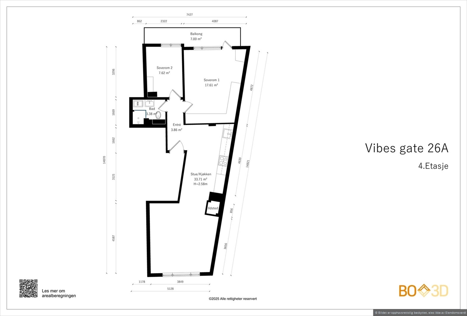 Plantegning som viser tilsvarende seksjon omgjort til 3-roms. Galleribilde