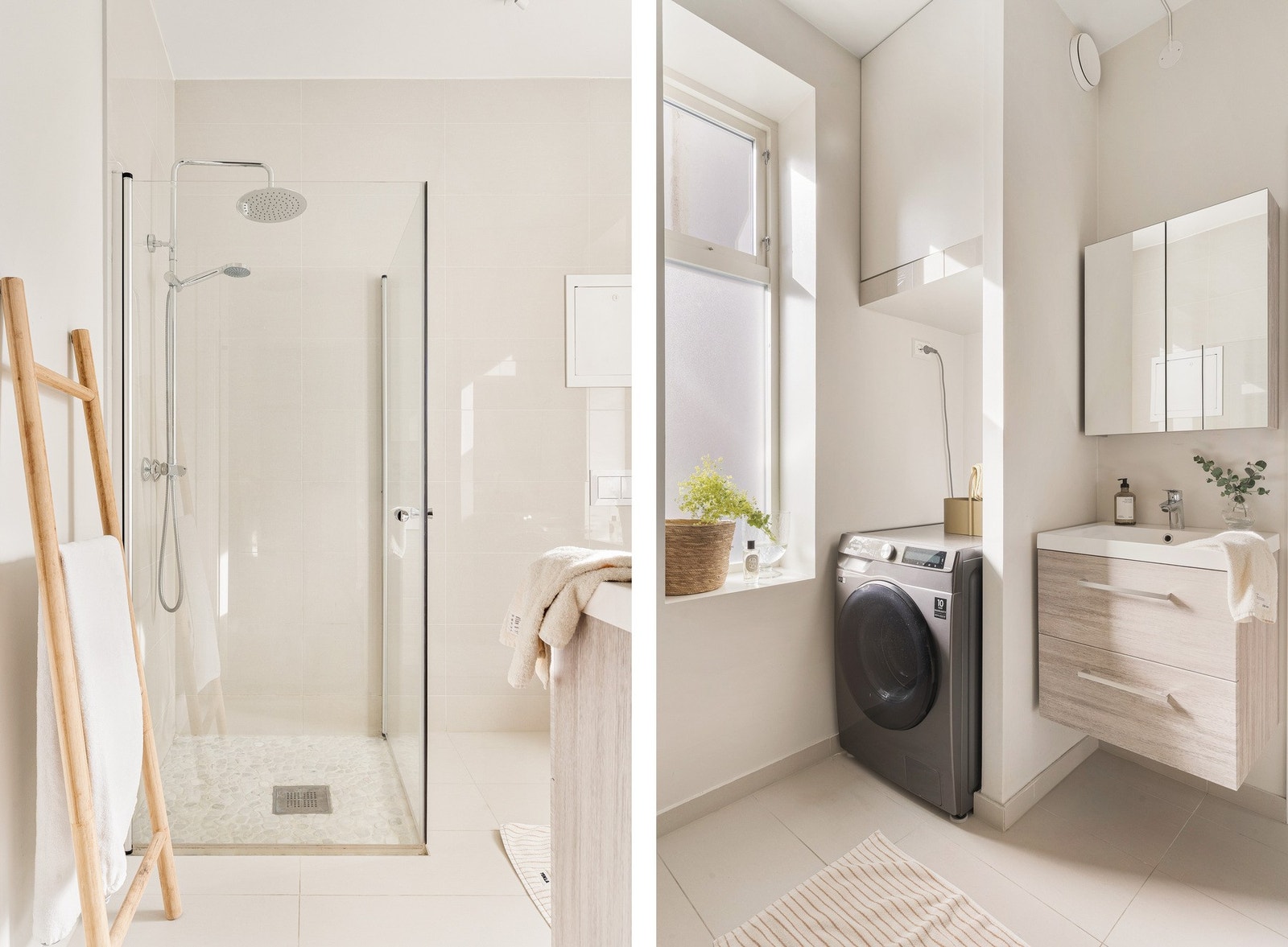 Det er fliselagt på gulv med rullestein i dusj for en "spa"-følelse. Ellers er det fliser på vegg i dusjsone og malt platekledning på resterende vegger. Galleribilde