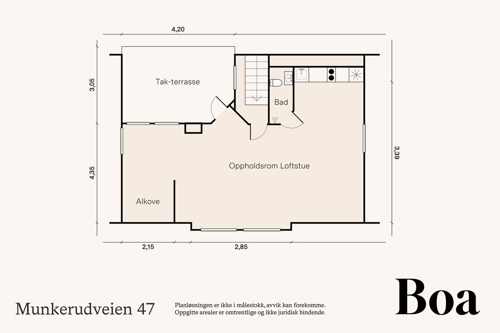 Loft: Trapperom, dusjbad og loftstue. Fra loftstuen er det utgang til terrasse på ca 12 m². Loftets gulvareal er 54 m². I loftstuen er det opp til 3,55 m under mønet. Galleribilde