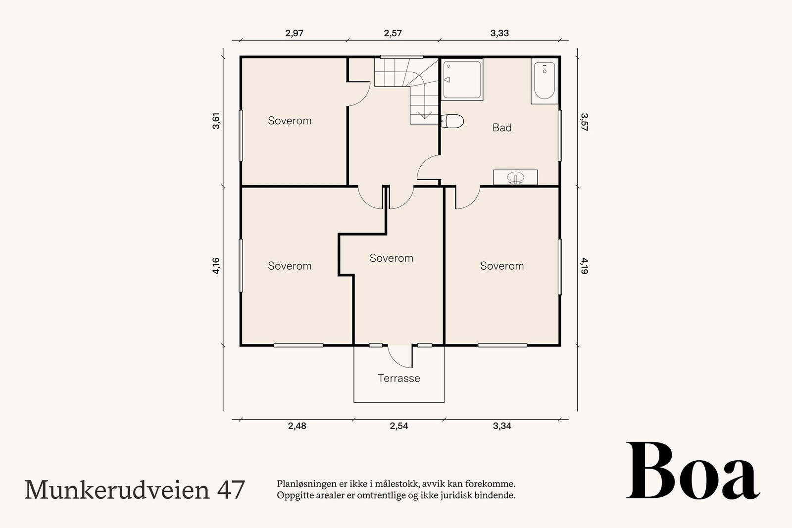 2. etasje: Trappegang, bad og 4 soverom. Fra ett soverom er det utgang til terrasse på ca 5 m². Galleribilde