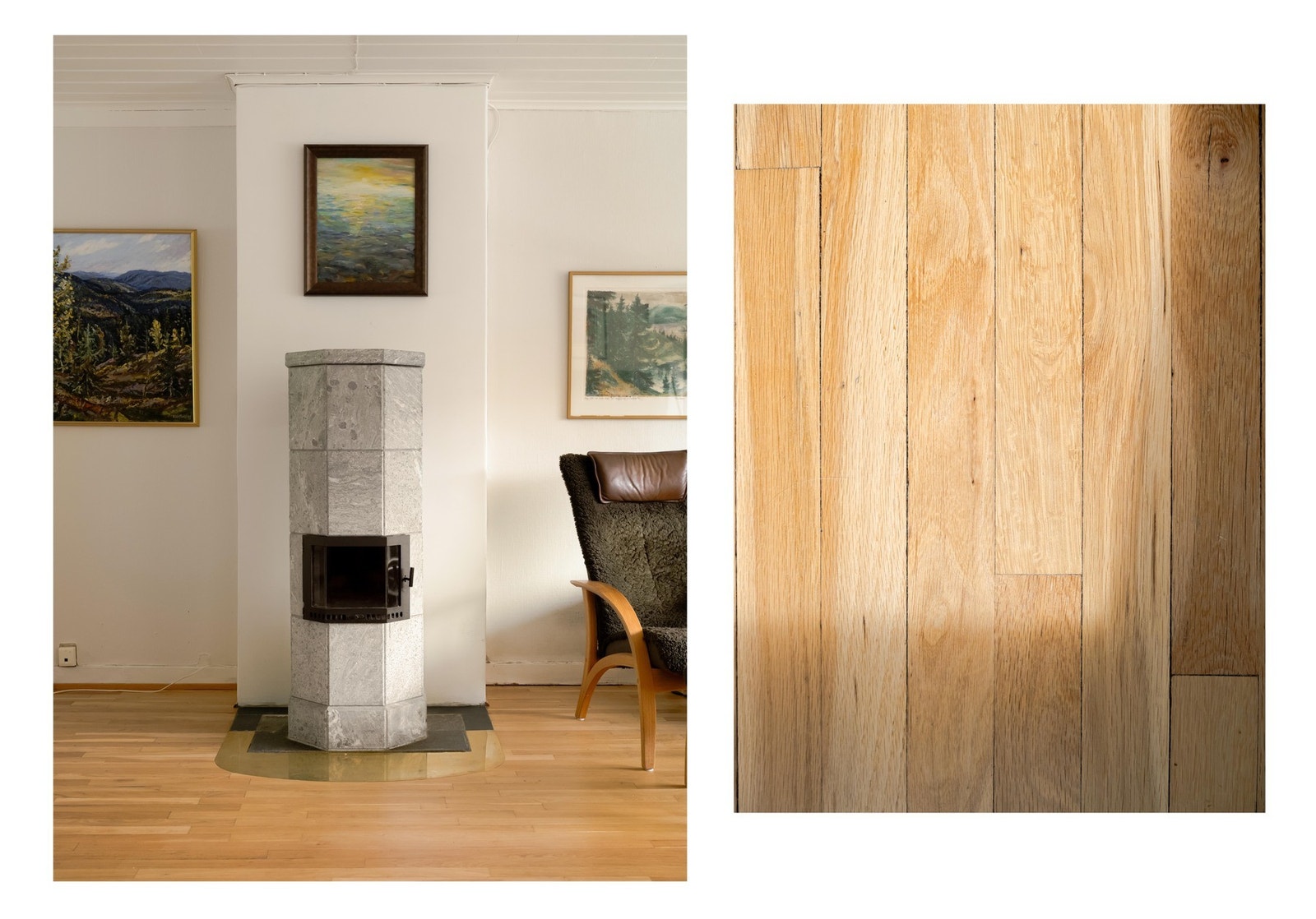 Det er installert en flott og effektiv klebersteinsovn. Det er også originale tregulv i denne etasjen. Galleribilde