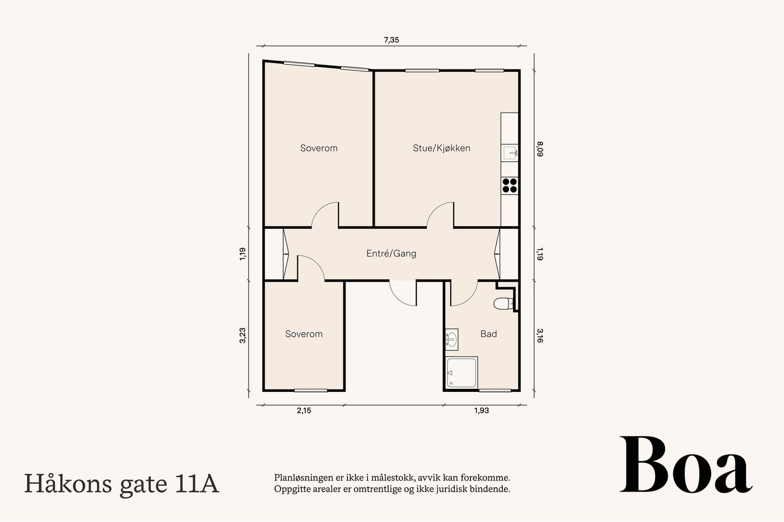 1. etasje: Entré/gang, bad, to soverom og stue/kjøkken. Galleribilde