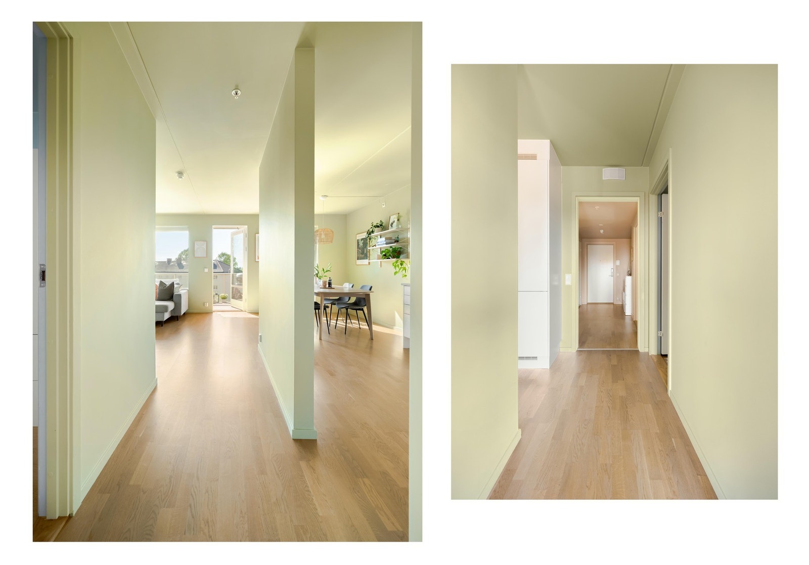 Veggen på bildet til venstre skiller kjøkkenet litt fra resten av stua, men den kan enkelt fjernes for de som vil ha det helt åpent. Galleribilde