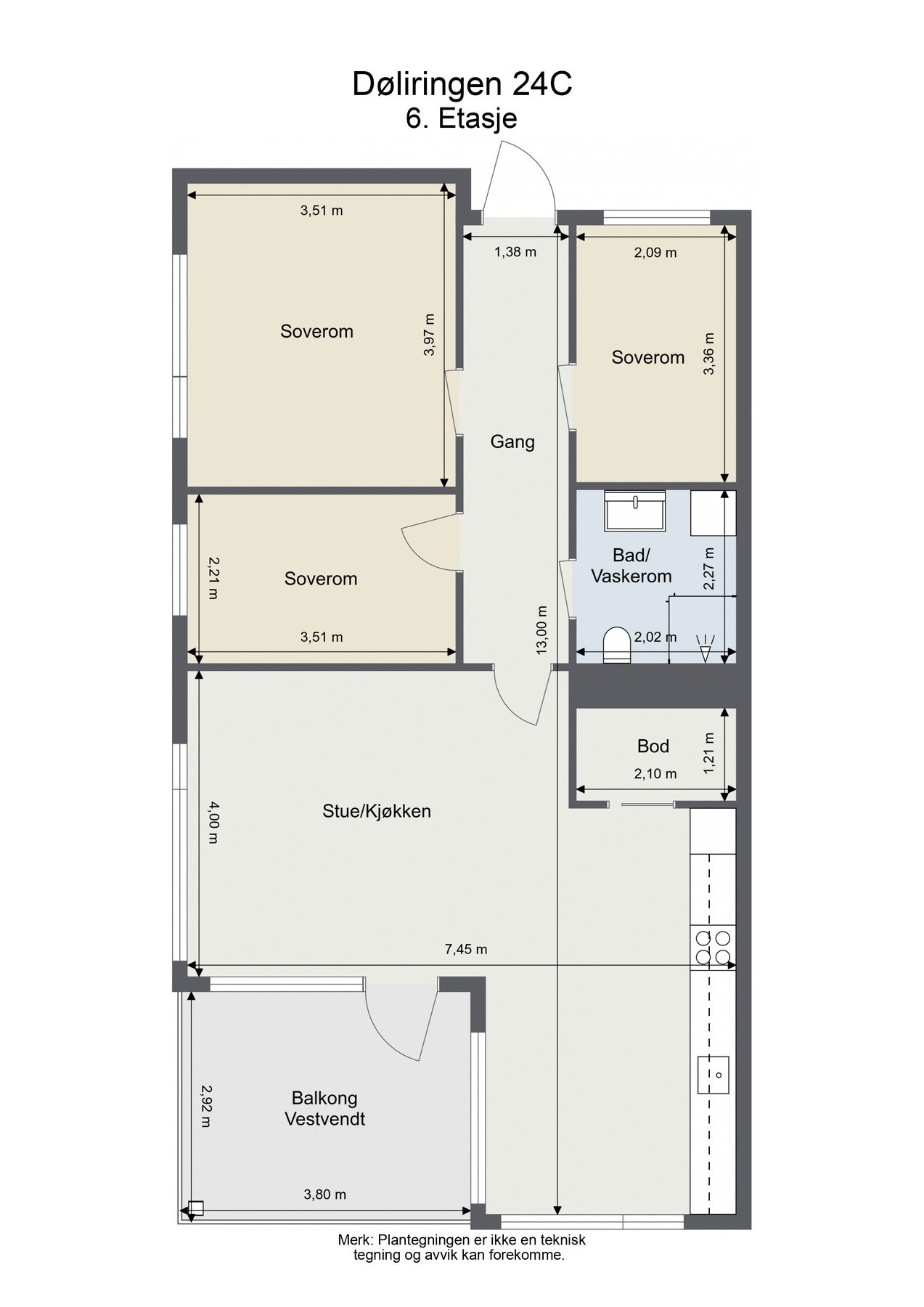 Leiligheten ligger i 6. etasje med lysinnslipp fra tre himmelretninger og god planløsning. Galleribilde