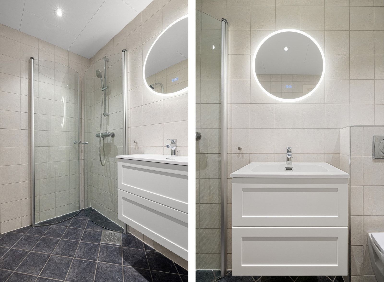 Det er utstyrt med veggmontert toalett, dusjhjørne og innredning med servant. Galleribilde