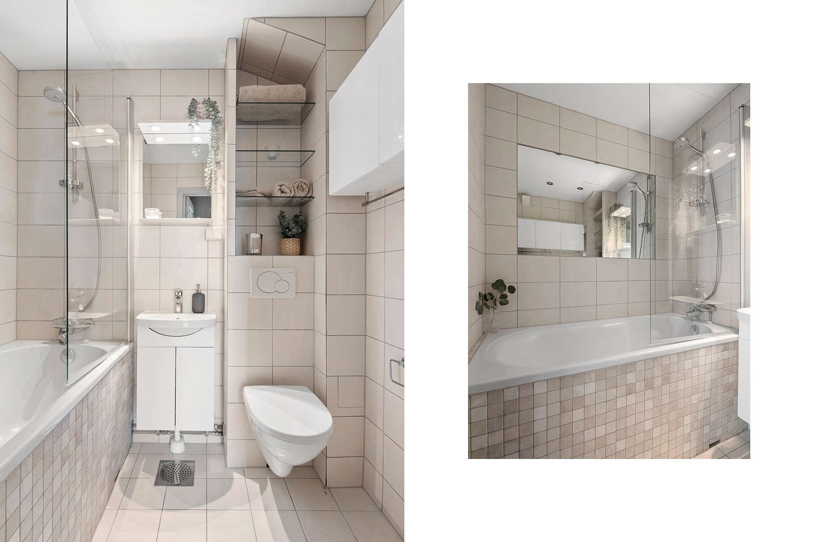 Pent flislagt baderom fra 2011 med varmekabler og downlights Galleribilde