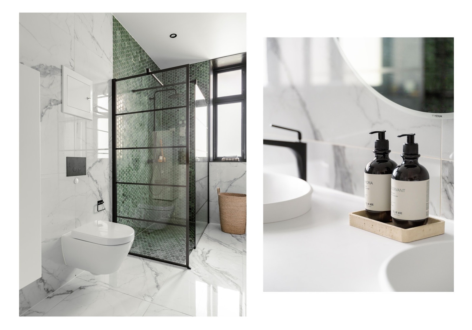 I dusjsonen er det fliser i naturstein (marmor), som gir fin kontrast til 60x60-flisene. Galleribilde