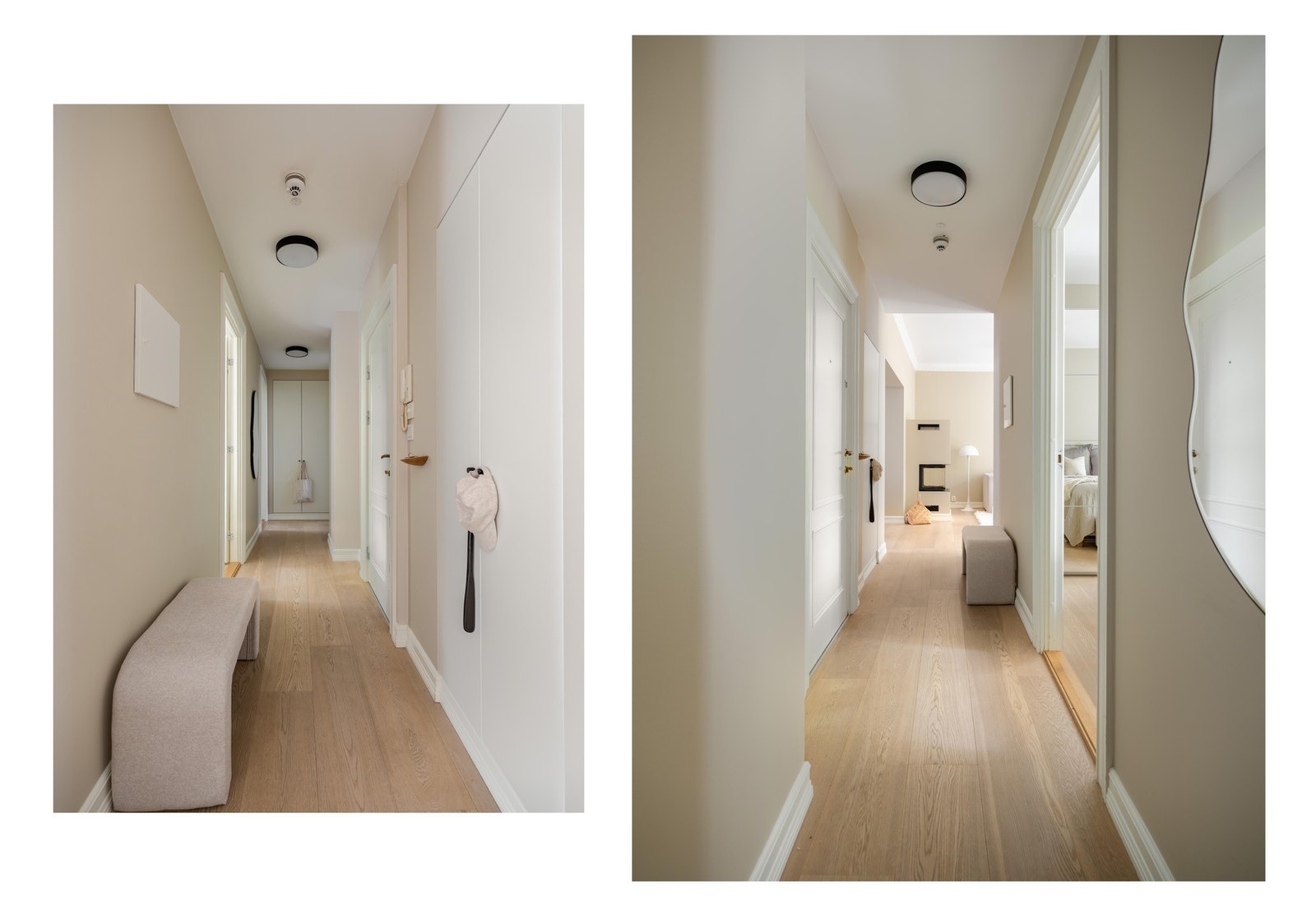 Entreen binder sammen leilighetens rom, med en snekkerbygd garderobeløsning for oppbevaring. Galleribilde