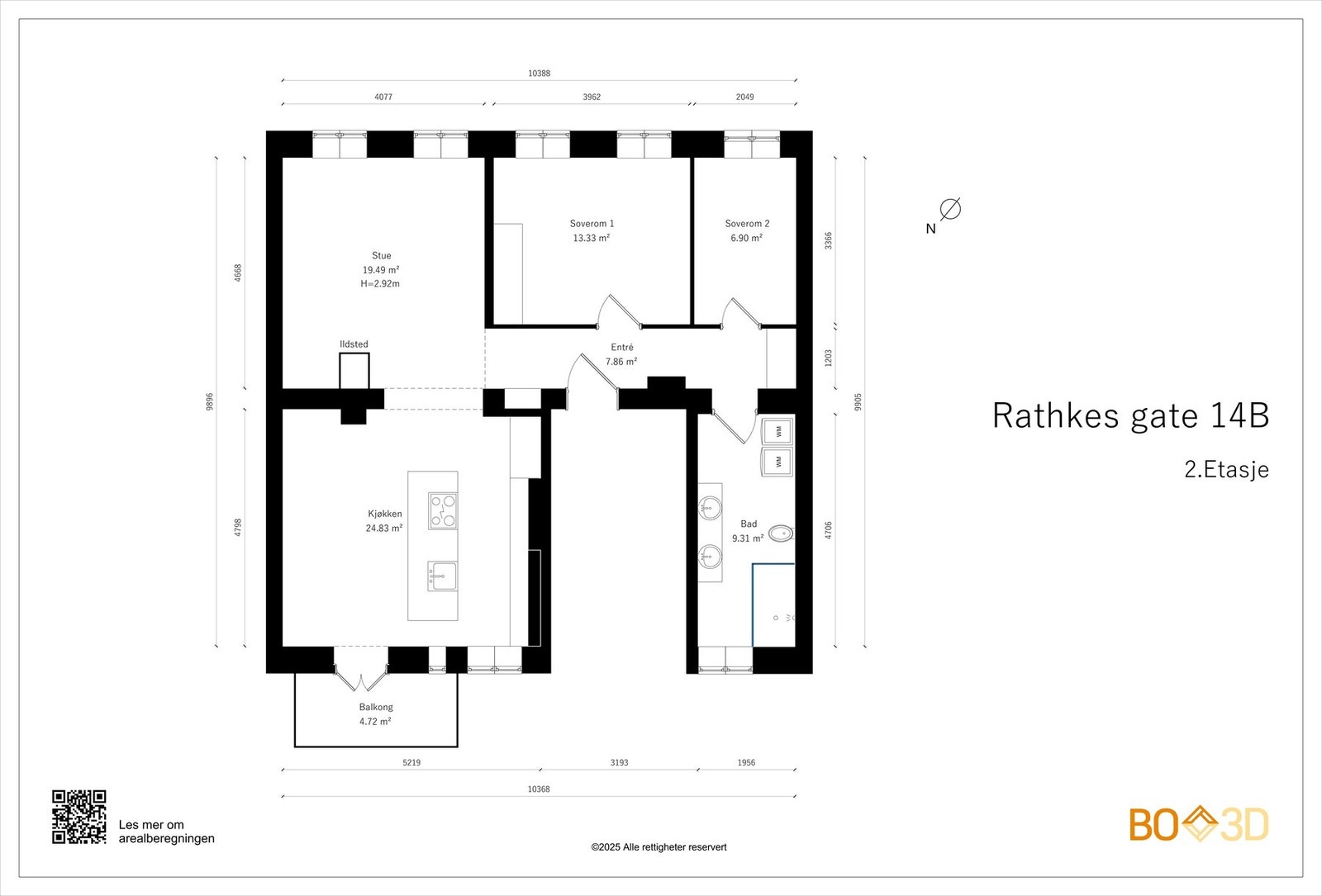 La oss først ta en titt på leilighetens plantegning, slik at du får orientert deg. I tillegg til innvendige arealer disponerer boligen to boder, målt til totalt 10 kvm. Galleribilde