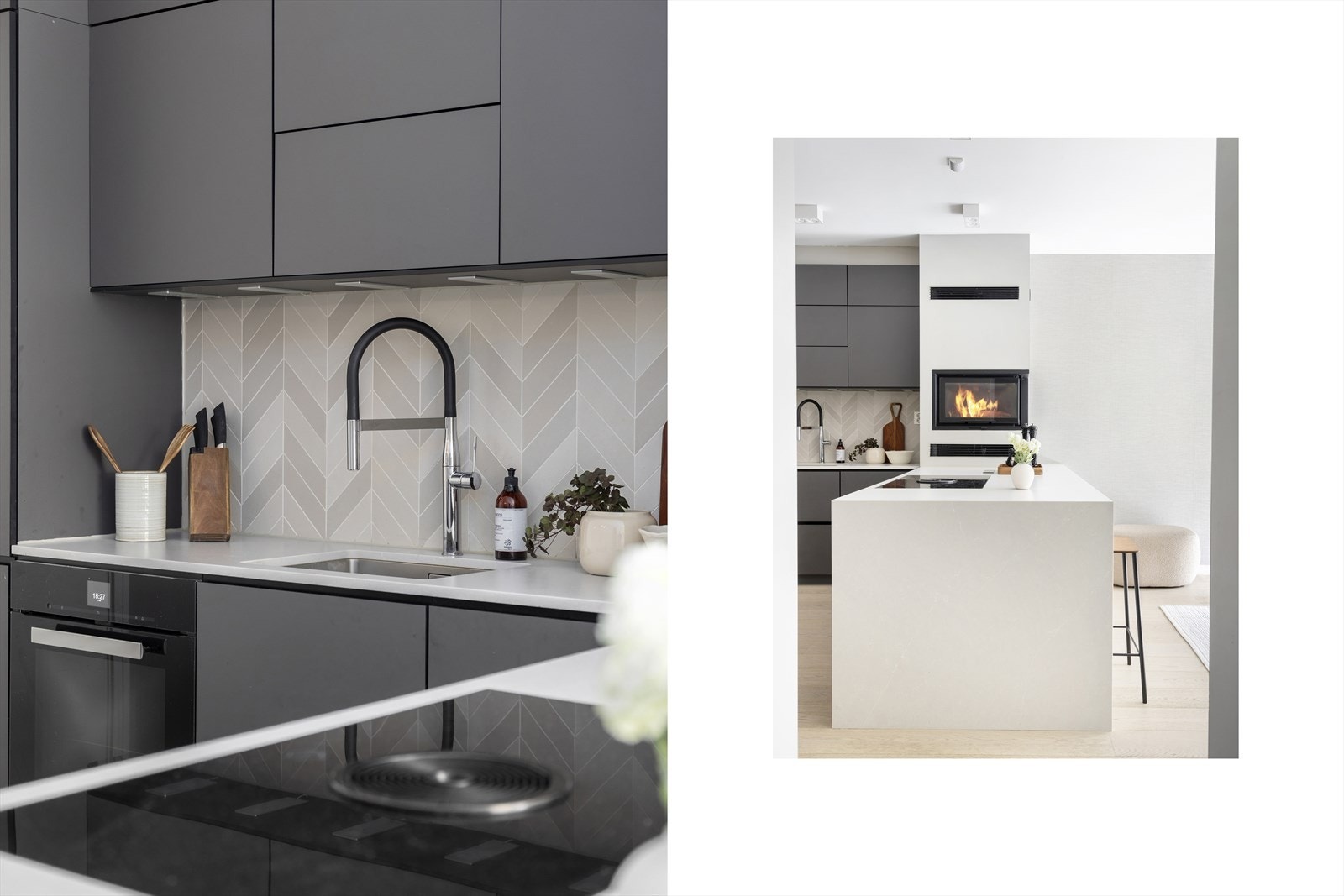 Arbeidsvennlig benkeplate i slitesterk laminat med underlimt oppvaskkum og ettgreps armatur fra Grohe med praktisk uttrekkbart munnstykke. Galleribilde