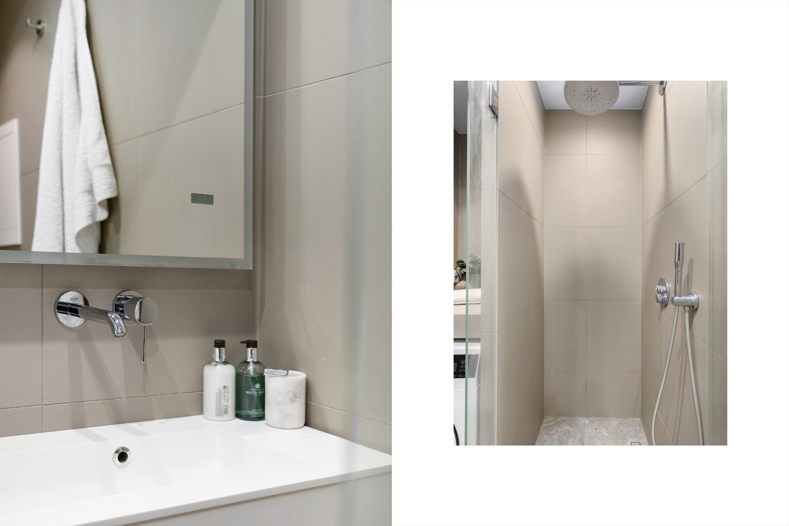 Innbydende dusjhjørne med innfellbare glassdører, regndusj og dusjarmatur fra Grohe gir et stilrent uttrykk. Galleribilde