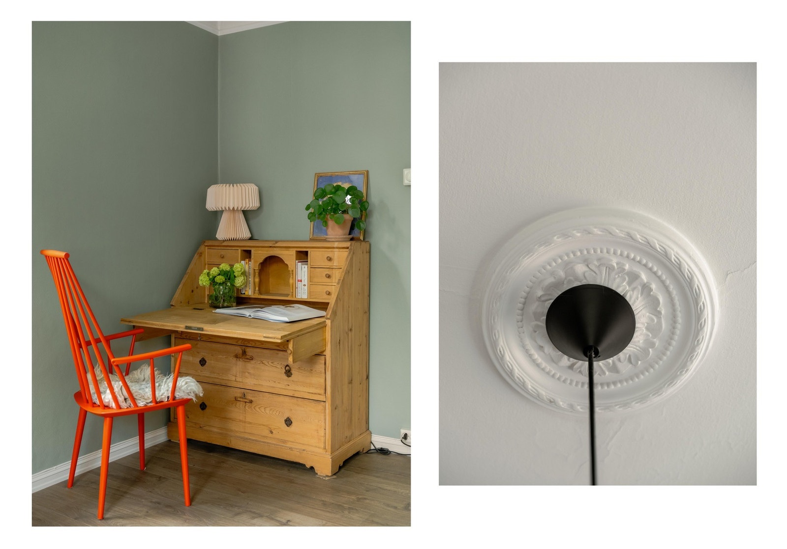 I stuen er det mulig å lage til en hjemmekontorløsning dersom du trenger det. I taket er det blitt bevart en lekker rosett. Galleribilde