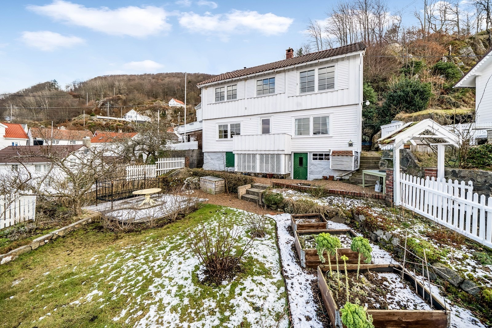 Område rundt boligen er planert og godt utnyttet. Tomten er opparbeidet med plen, treplatting og beplantning. Galleribilde