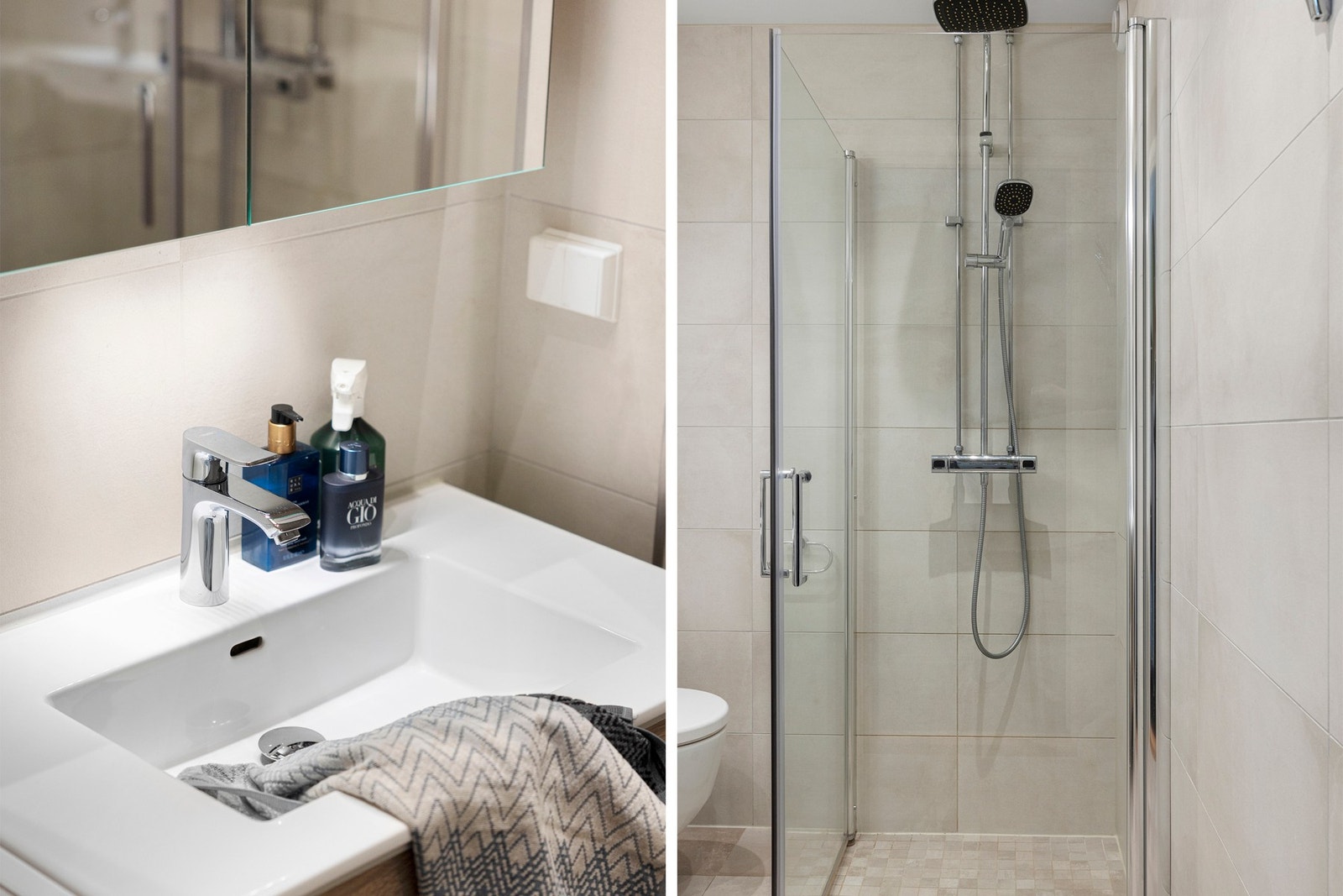Badet er utstyrt med vegghengt toalett, dusjnisje med glassdører, servant og opplegg for vaskemaskin. Galleribilde