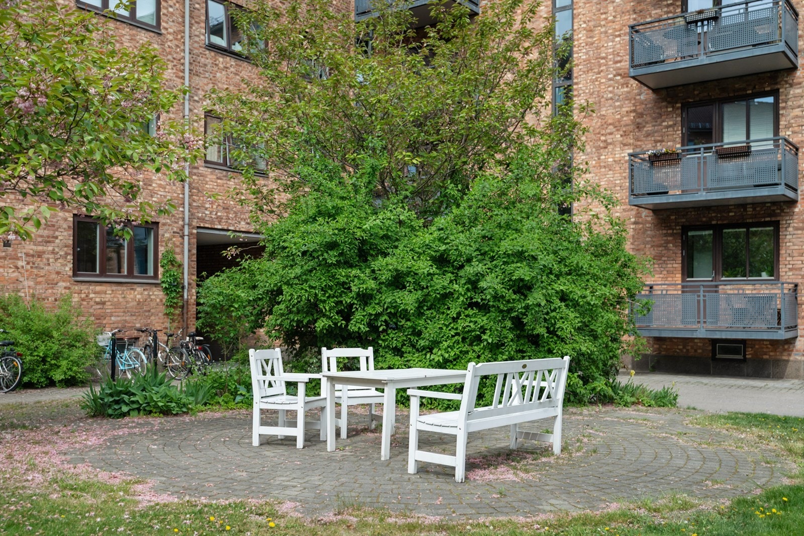 Stor bakgård med hyggelig sittegrupper. Opparbeidet med gressplen, beplantning, lekeapparater og sykkelskur Galleribilde