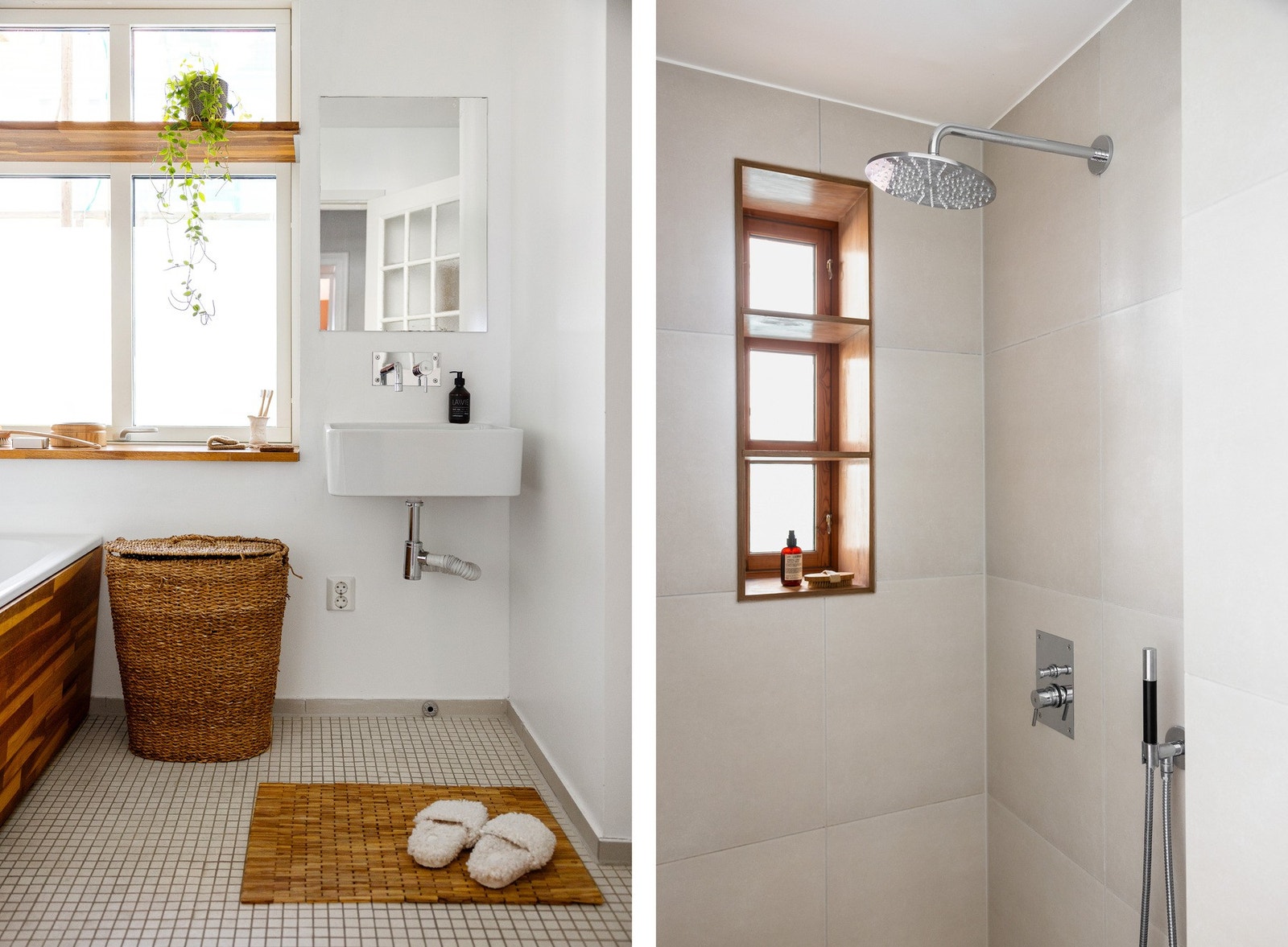 Fliser på gulv og vegger, kombinert med slett malt himling og innfelte downlights, gir et elegant og behagelig uttrykk. Galleribilde