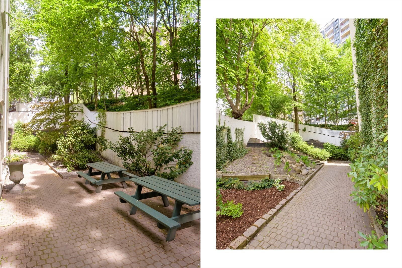 Flotte og forseggjorte uteområder med belegningsstein, planter, trær og gjerde som skjermer inn uteområdet. Galleribilde