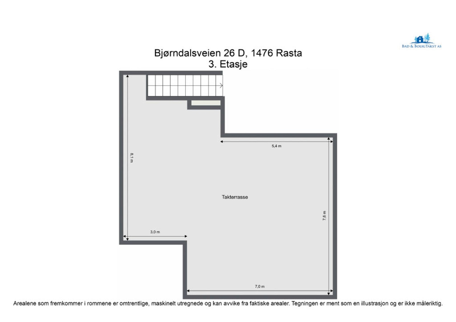 Takterrassens planløsning gir god oversikt over den romslige plassen, og viser med flere soner. Galleribilde