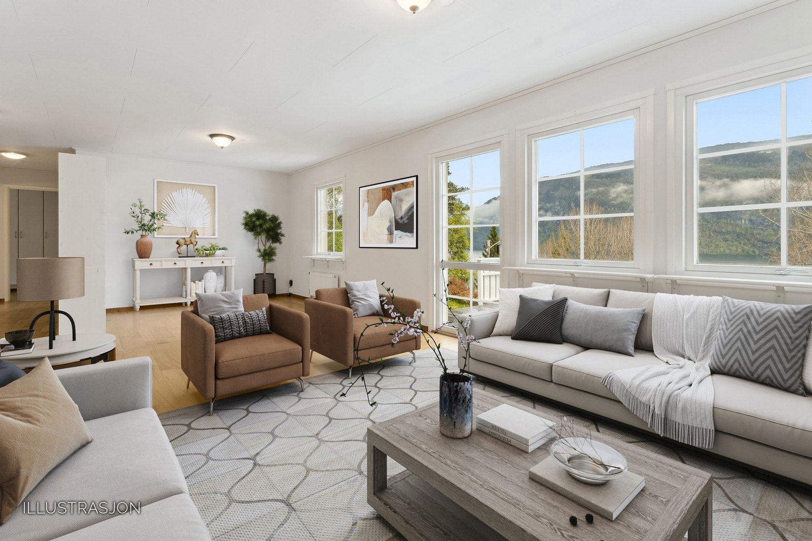 Her er stuen og en illustrasjon på hvordan det kan bli. Galleribilde