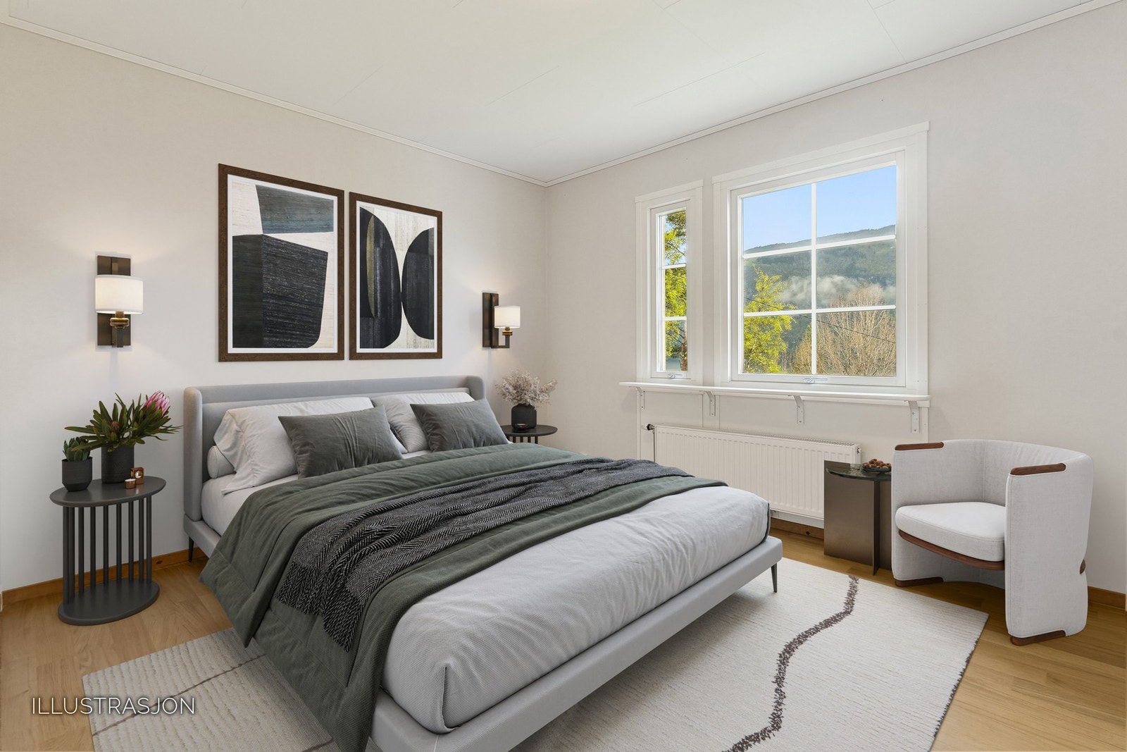 Boligen har tre soverom, her er en illustrasjon på hvordan du kan innrede rommet. Galleribilde