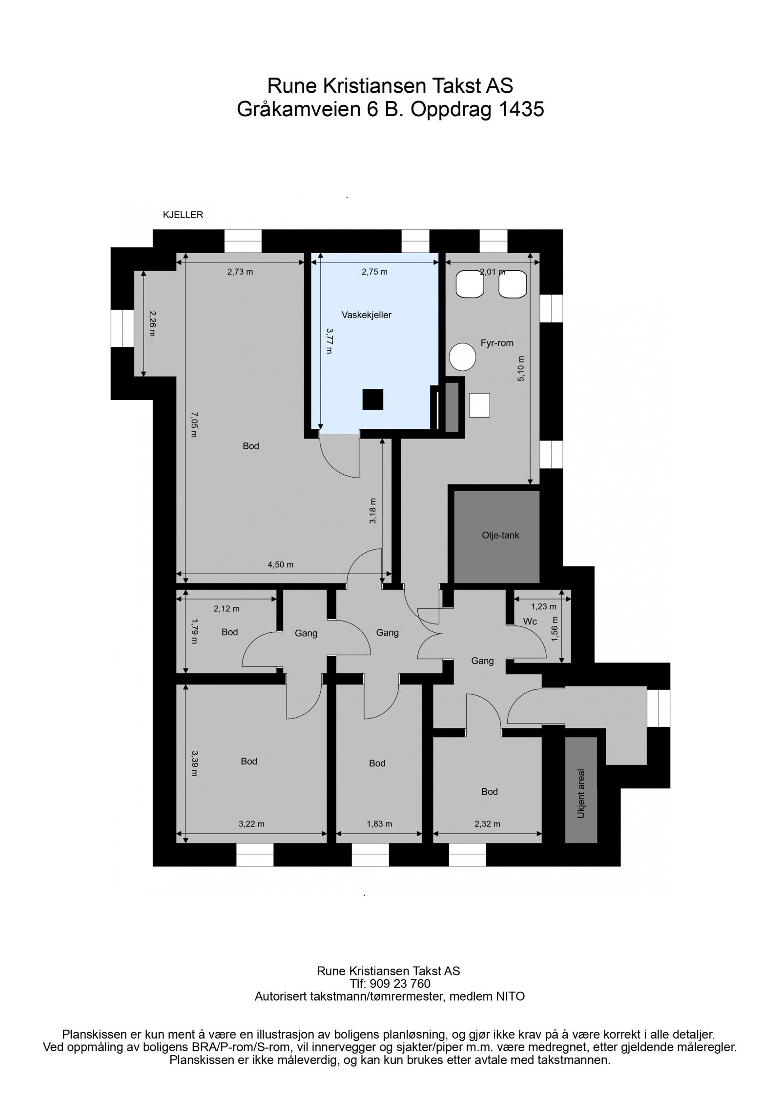 Uinnredet kjellerareal som inneholder toalettrom, vaskerom, flere boder og fyrrom. Galleribilde