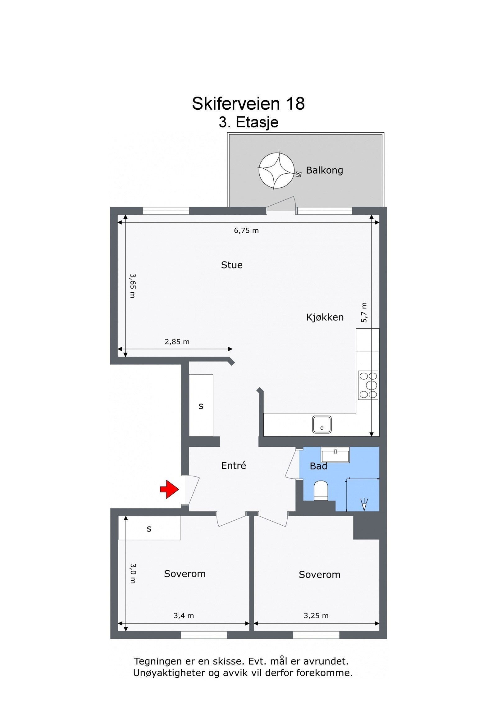 Planskisse. Leiligheten disponerer i tillegg loftsbod med gulvareal på ca. 7 m². Leiligheten disponerer kjellerbod på 3,4 m². Galleribilde