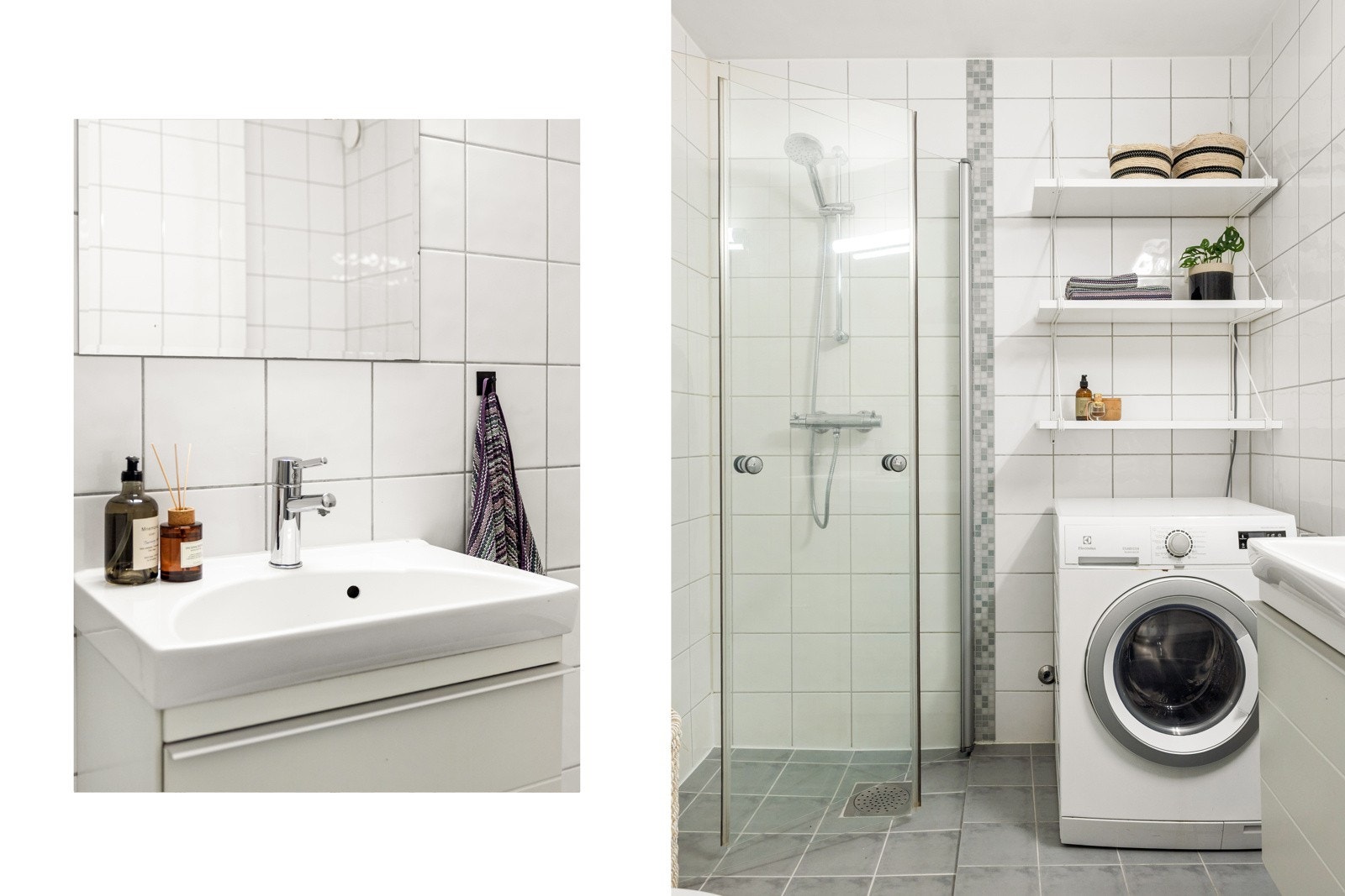 Veggmontert servantskap med heldekkende vask og ett-greps armatur i krom. Innebygget sisterne med vegghengt toalett. Opplegg for vaskemaskin. Ifølge forrige salgsoppgave er badet fra 2008. Galleribilde