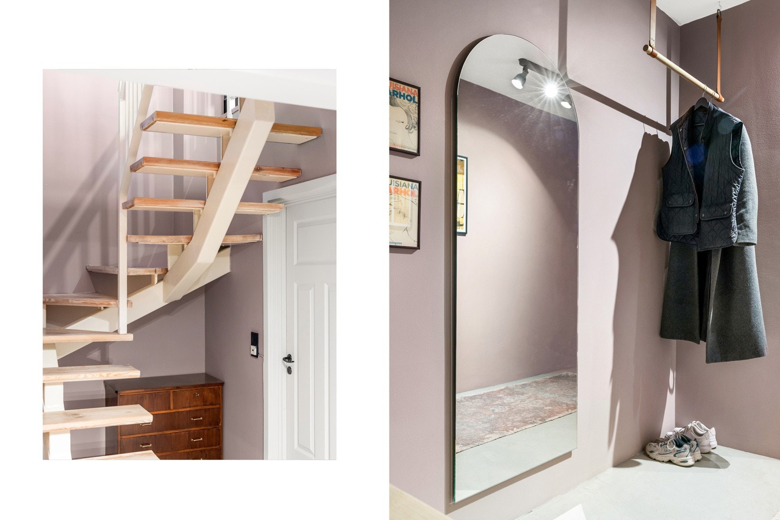 Her er det godt med oppbevaringsplass for yttertøy og sko, med et takhengt klesstativ og plass til kommode under trappen. Fra entréen har man direkte tilgang til trappen som leder opp til boligens andre etasje, noe som gir en naturlig og praktisk flyt Galleribilde