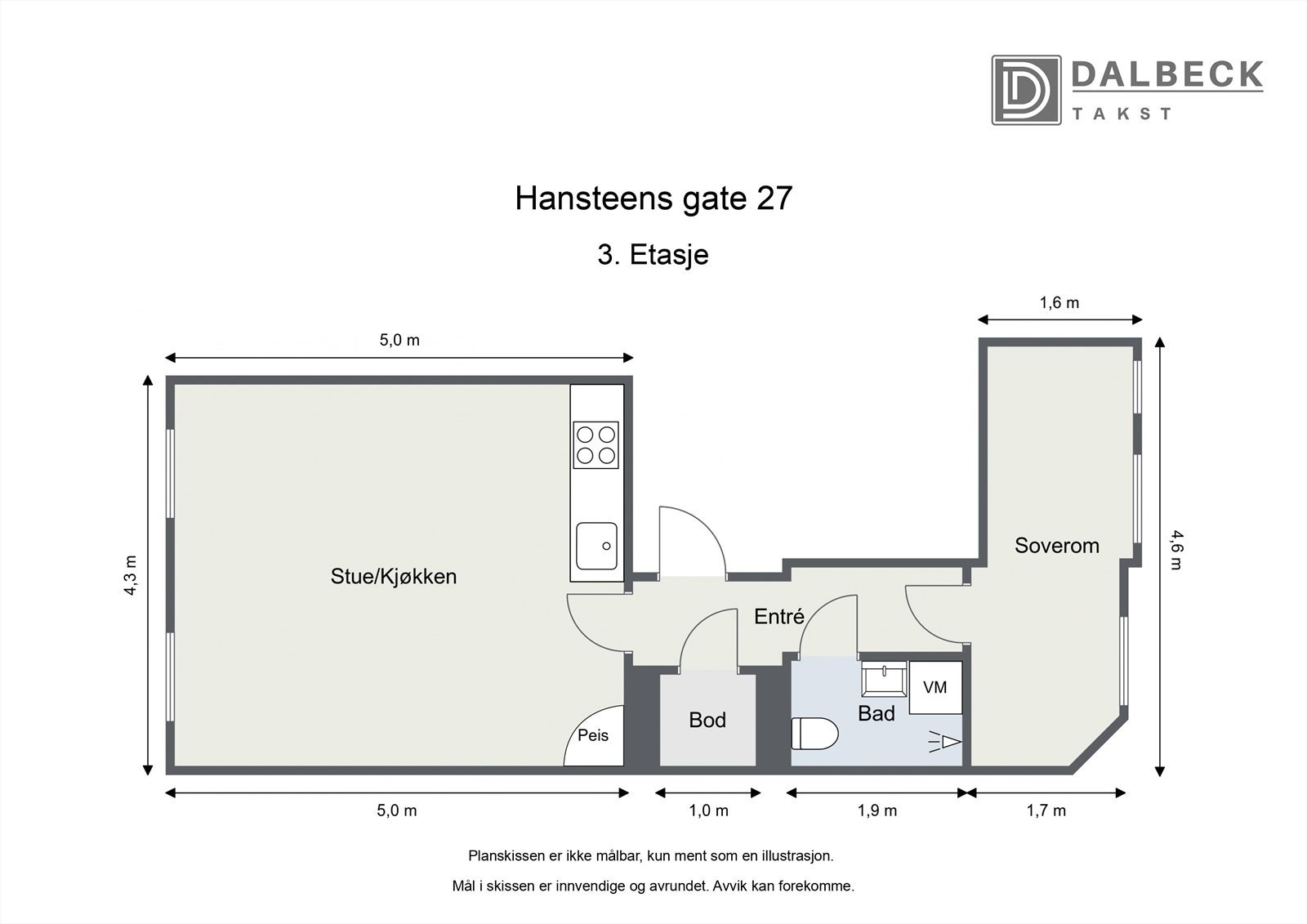 Plantegning. Leiligheten disponerer i tillegg en bod på ca. 4 kvm. Galleribilde