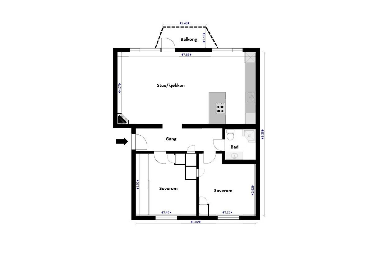 Planskisse. I tillegg disponerer leiligheten en loftsbod og 2 kjellerboder. Galleribilde