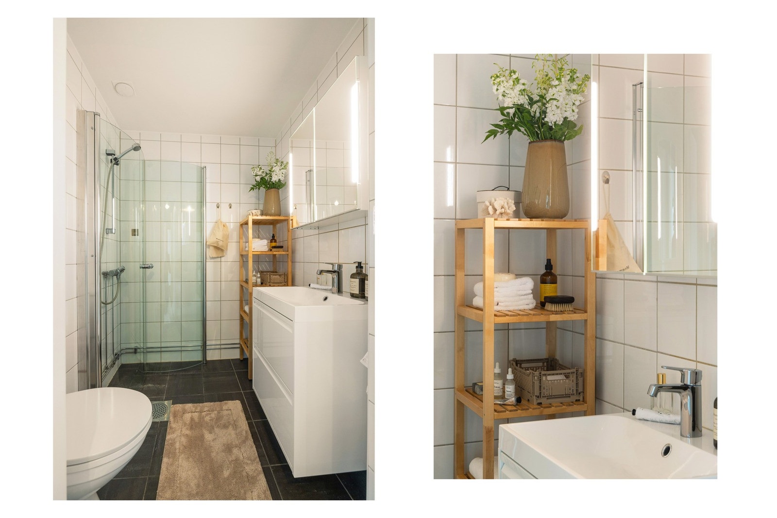 Badet har opplegg til vaskemaskin. Det er gratis vaskeri og tørkerom i etasjen under, og selger opplever at det er lett å booke tid når man vil. Galleribilde