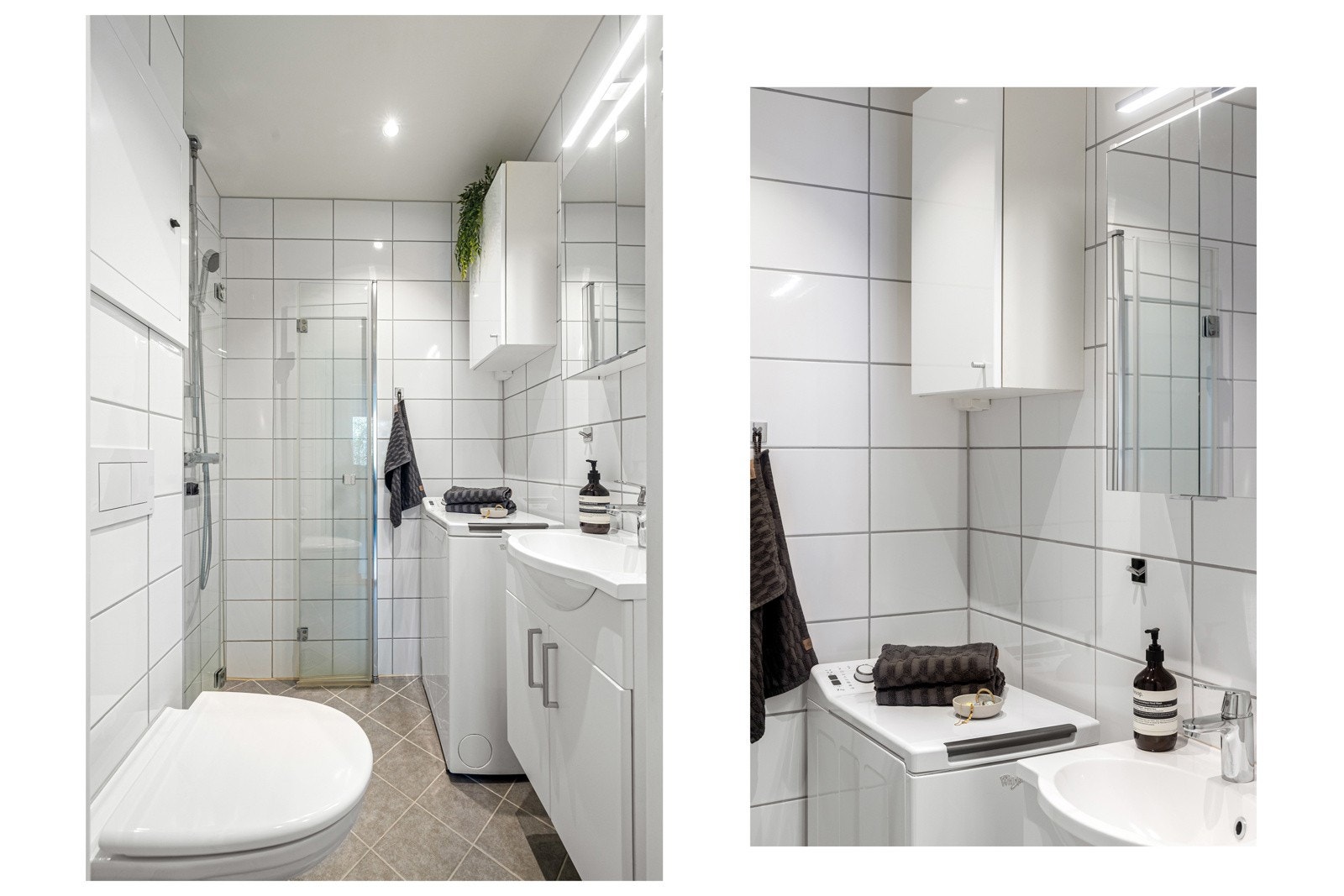 Leiligheten har et lekkert baderom med høy standard. Badet ble pusset opp i regi av borettslaget i 2019. Galleribilde